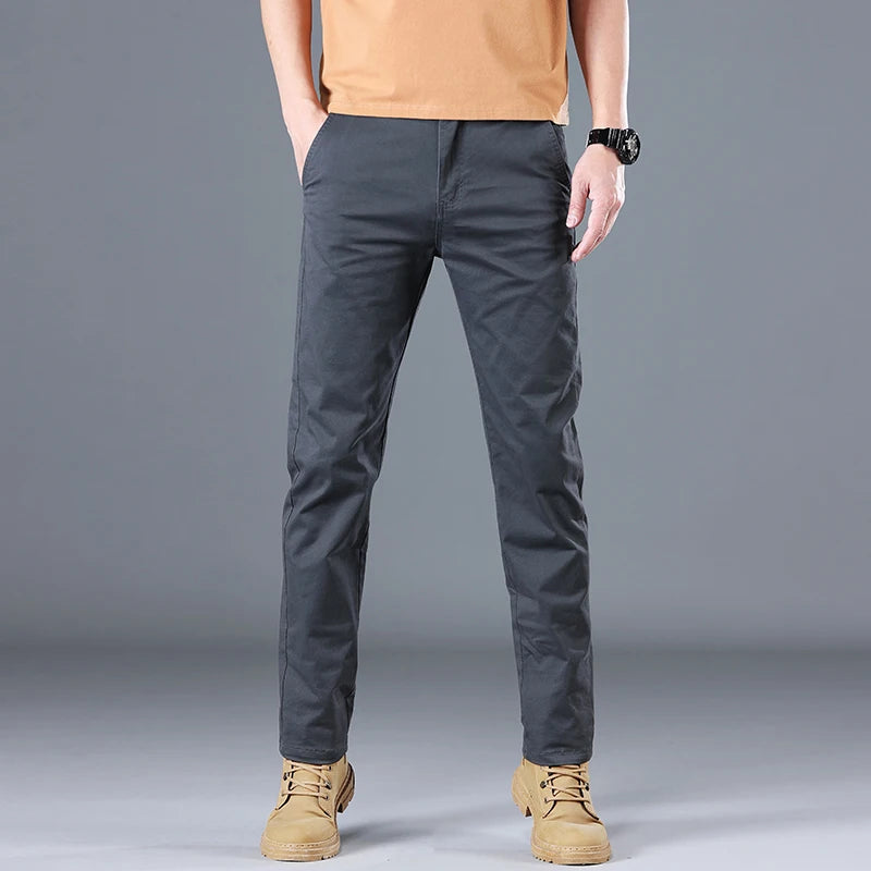 Men's Cotton Work Trousers Slim Fit Straight Leg Business Casual Wear