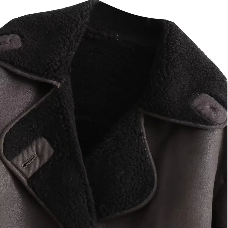 Women's Leather Winter Jacket with Plush Lining and Wide Collar