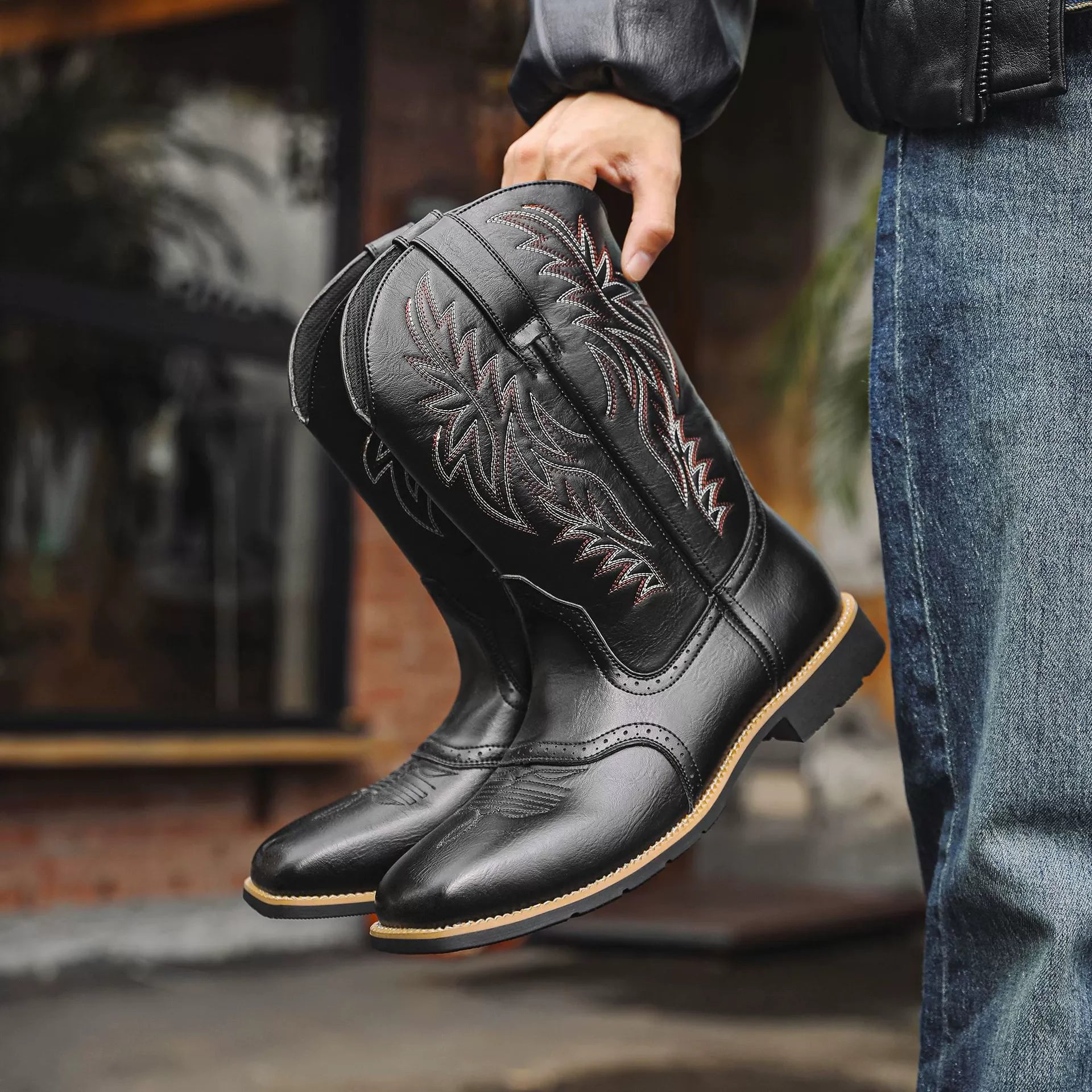 Men’s Western Cowboy Boots Embroidered Mid-Calf Classic Square Toe