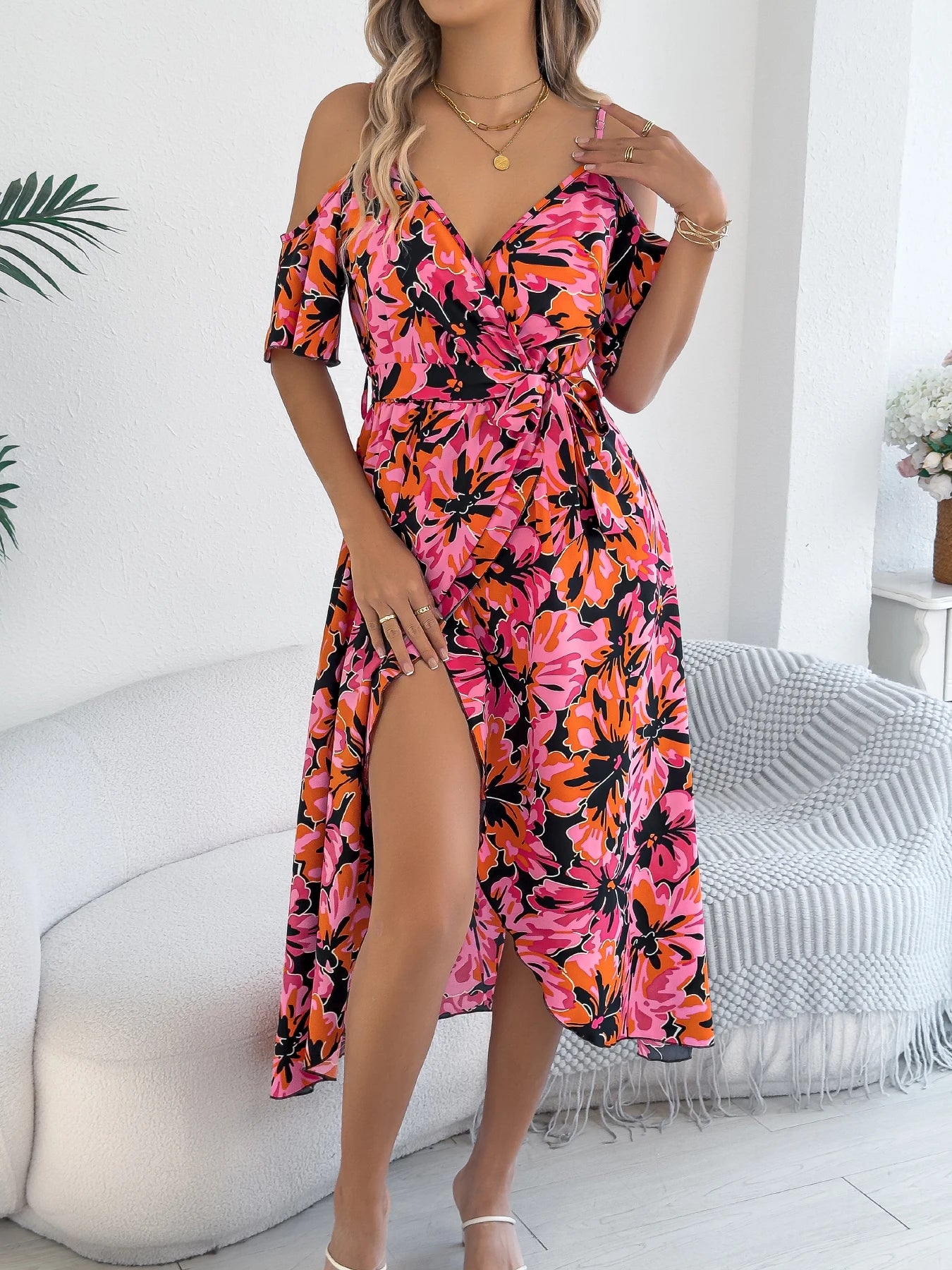Women's Off-Shoulder Floral Wrap Maxi Dress with Belt and Side Slit