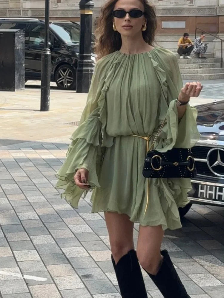 Women's High-Neck Ruffle Mini Dress with Long Flowy Sleeves