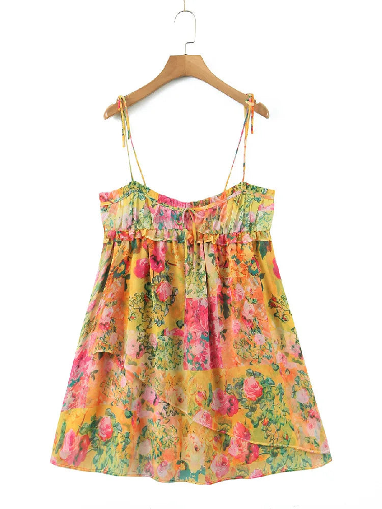 Women's Floral Mini Dress with Spaghetti Straps and Ruffle Detail