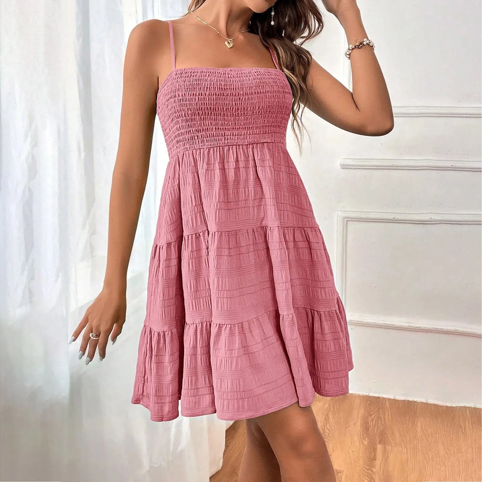 Women's Tiered Mini Dress with Smocked Bodice and Straps
