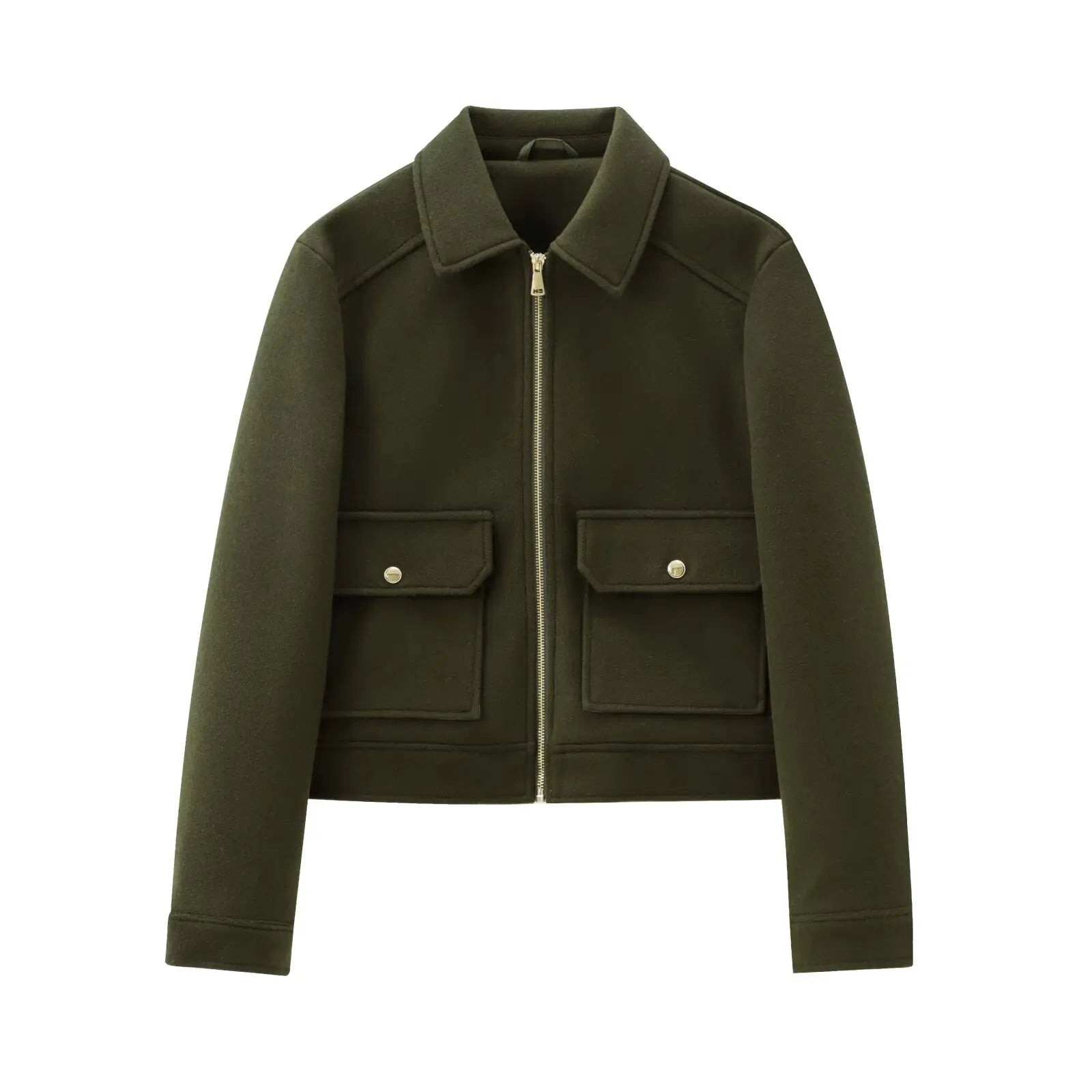 Women's Short Lapel Bomber Jacket with Zip Front and Flap Pockets