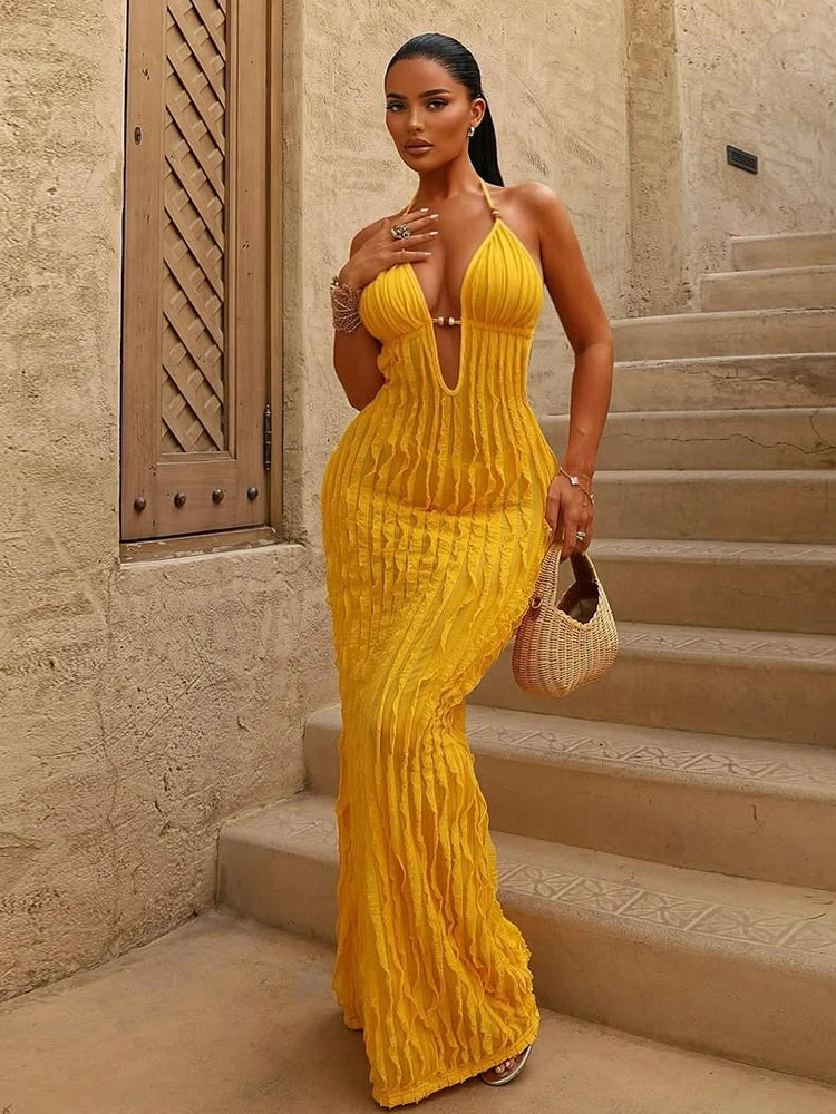 Women's Halter Backless Maxi Dress with Beaded Detail and Ruched Texture