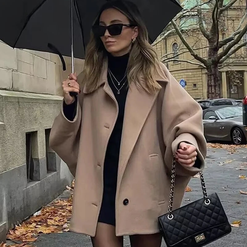 Women's Oversized Winter Coat with Long Sleeves and Button Front