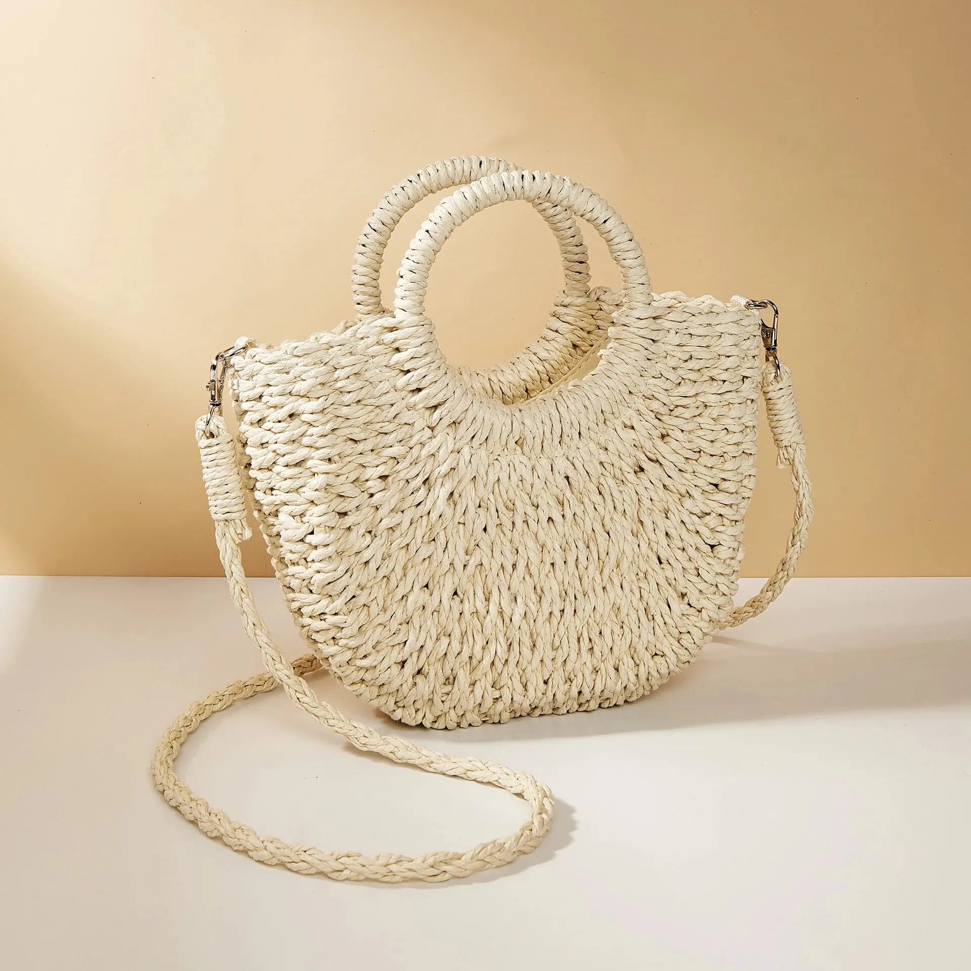 Women's Straw Crossbody Bag with Half-Moon Shape and Top Handles