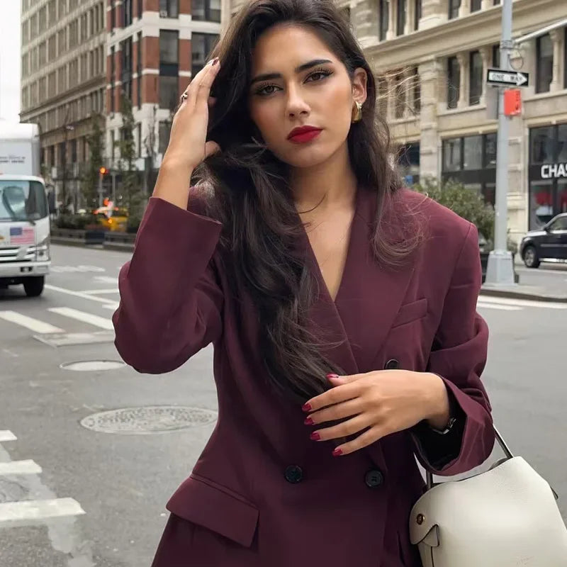 Women's Burgundy Double-Breasted Blazer Jacket with Lapel Collar