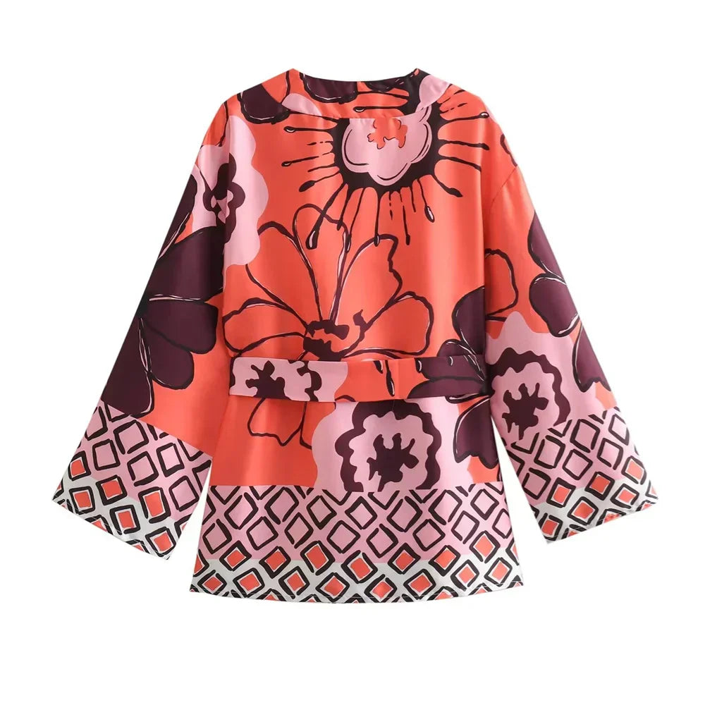 Women's Printed Wide-Leg Two-Piece Set with Belted Kimono Top