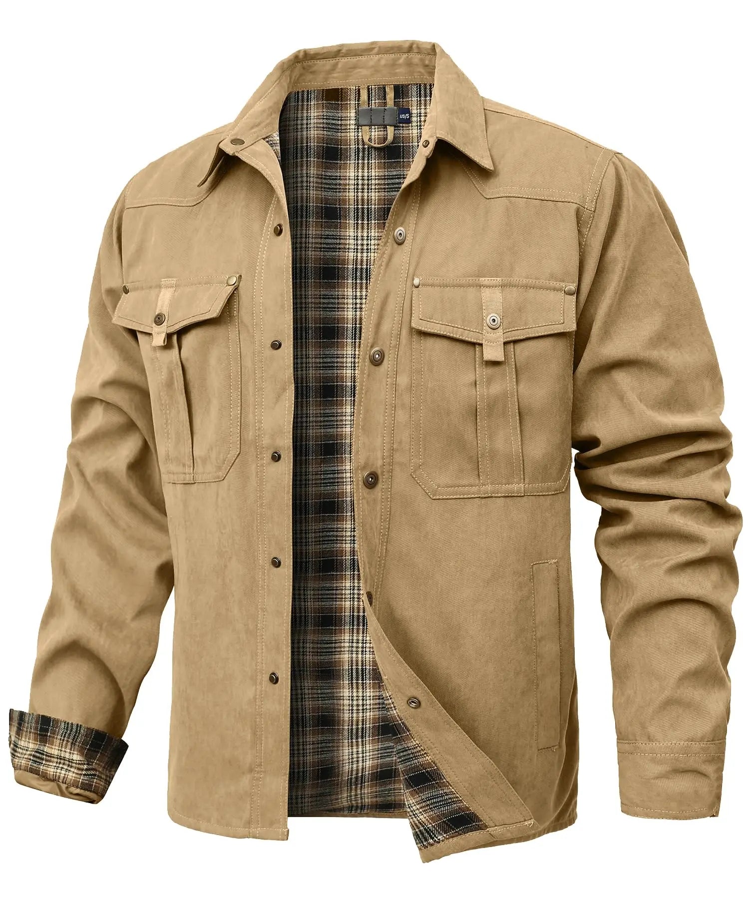 Men’s Western Overshirt Jacket with Plaid Lining and Flap Pockets