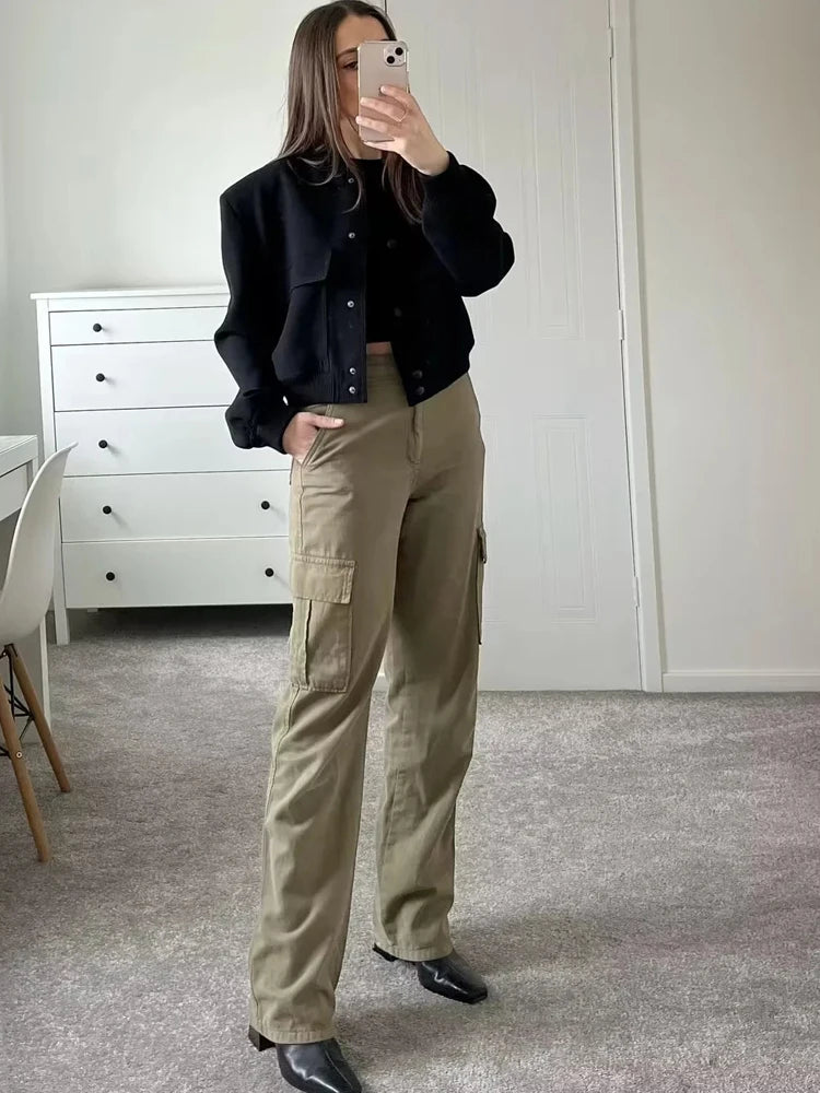 Women's Cropped Bomber Jacket with Snap Buttons and Utility Pockets
