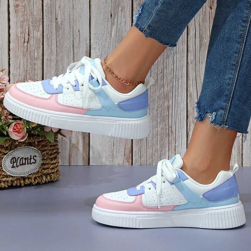 Women's Casual Lace-Up Sneakers with Thick Sole and Perforated Upper