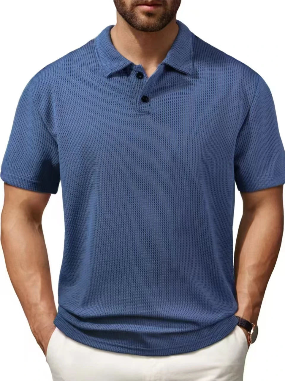 Men's Short-Sleeve Knit Polo Shirt with Breathable Textured Design