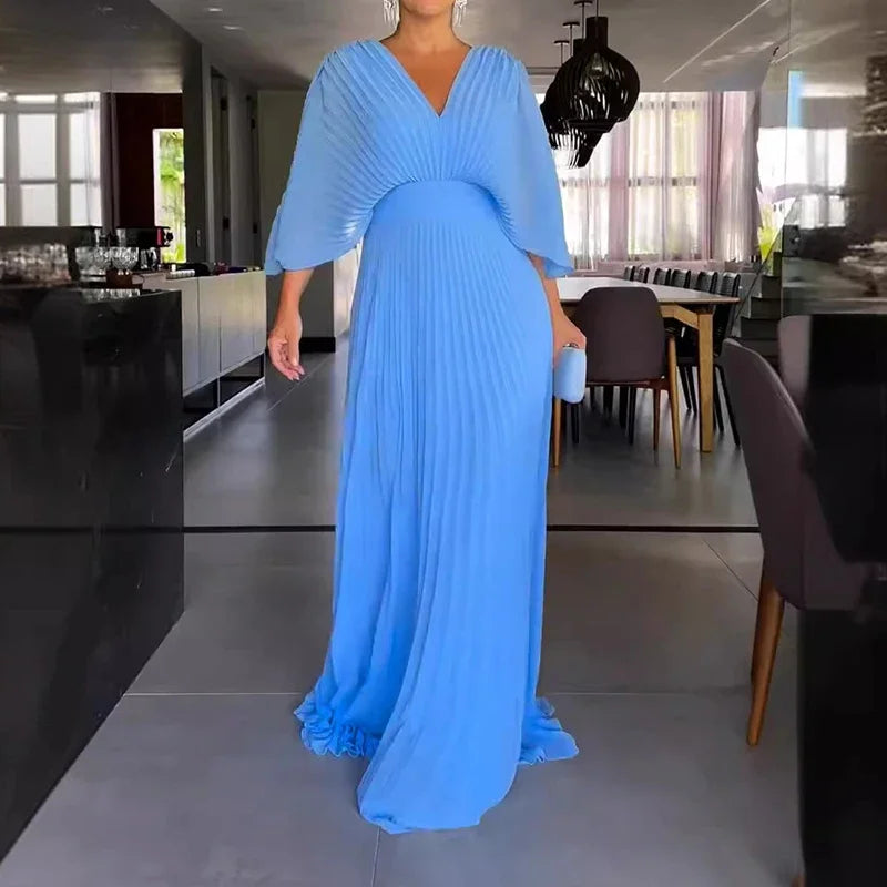 Women's Pleated Maxi Dress with V-Neck and Cape-Style Sleeves