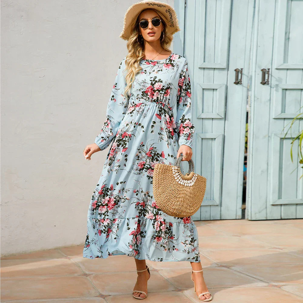 Women's Long Sleeve Maxi Dress with Floral Print and Cinched Waist
