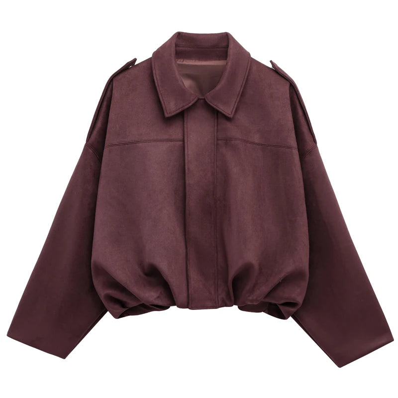 Women's Cropped Bomber Jacket with Lapel Collar and Zip Front
