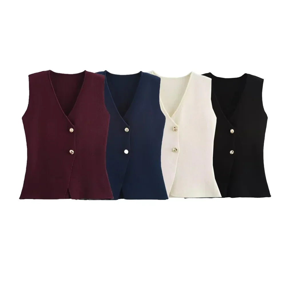 Women's Button-Front Knitted Vest Top with Sleeveless Design