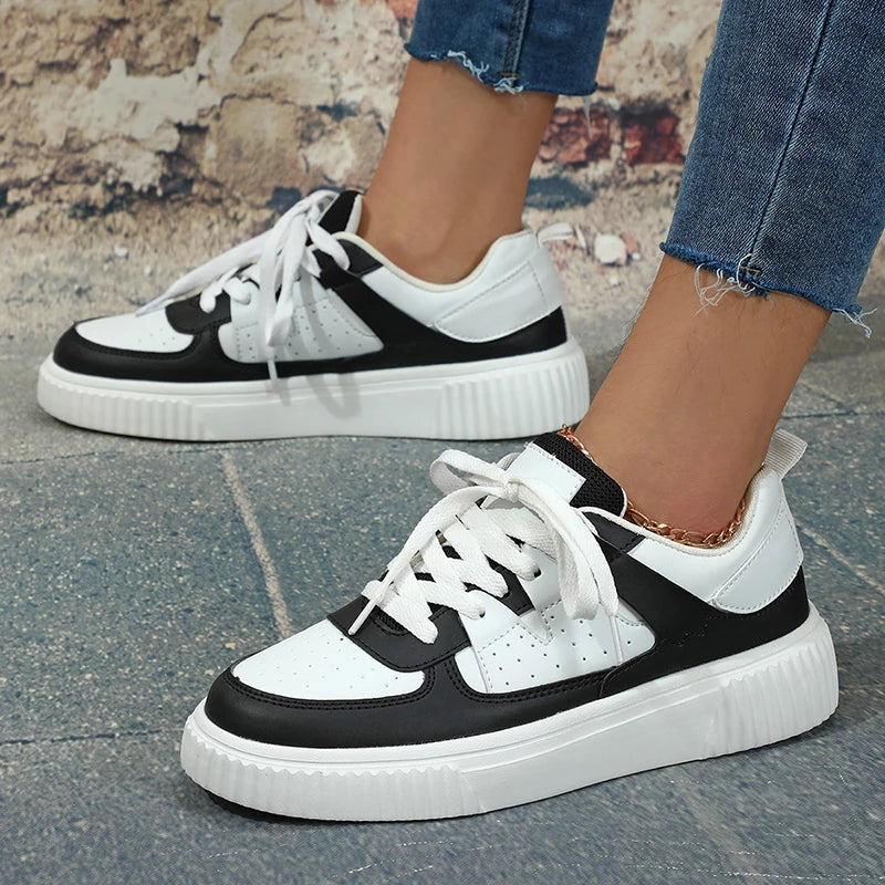 Women's Casual Lace-Up Sneakers with Thick Sole and Perforated Upper