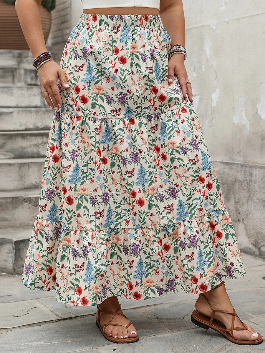Women's Floral Print Maxi Skirt with Elastic Waist and Tiered Hem