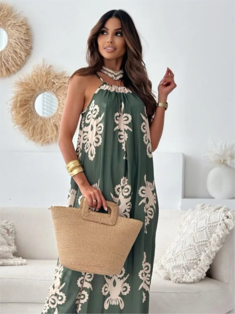 Women's Printed Maxi Dress with Halter Neck and Spaghetti Straps