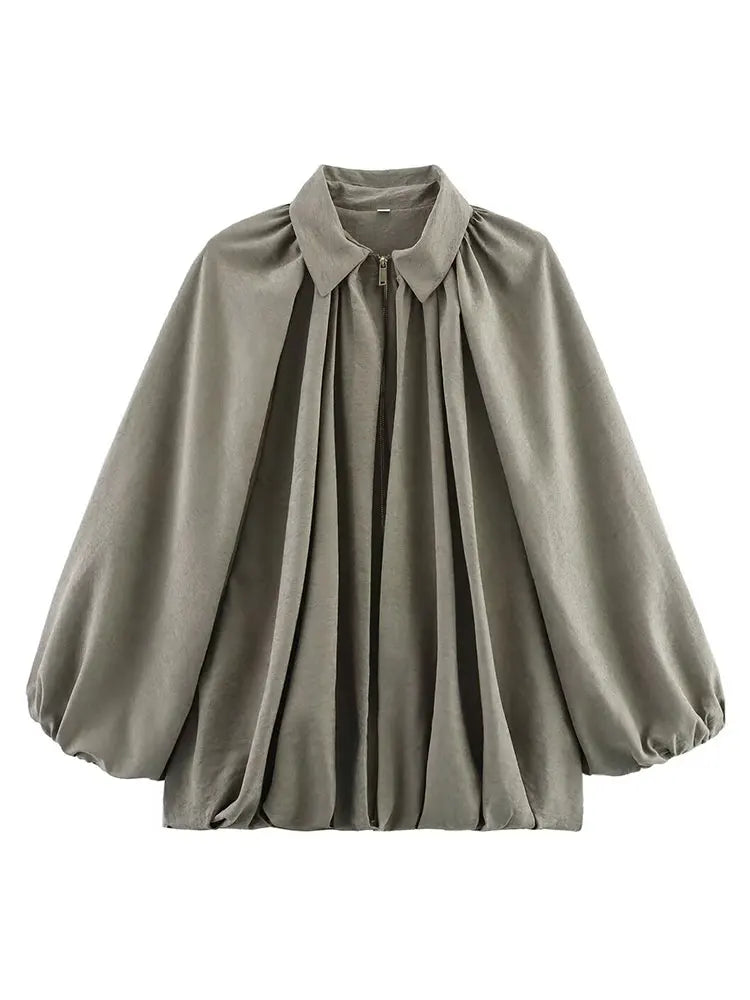 Women's Loose Fit Bomber Jacket with Long Puff Sleeves and Zip Front