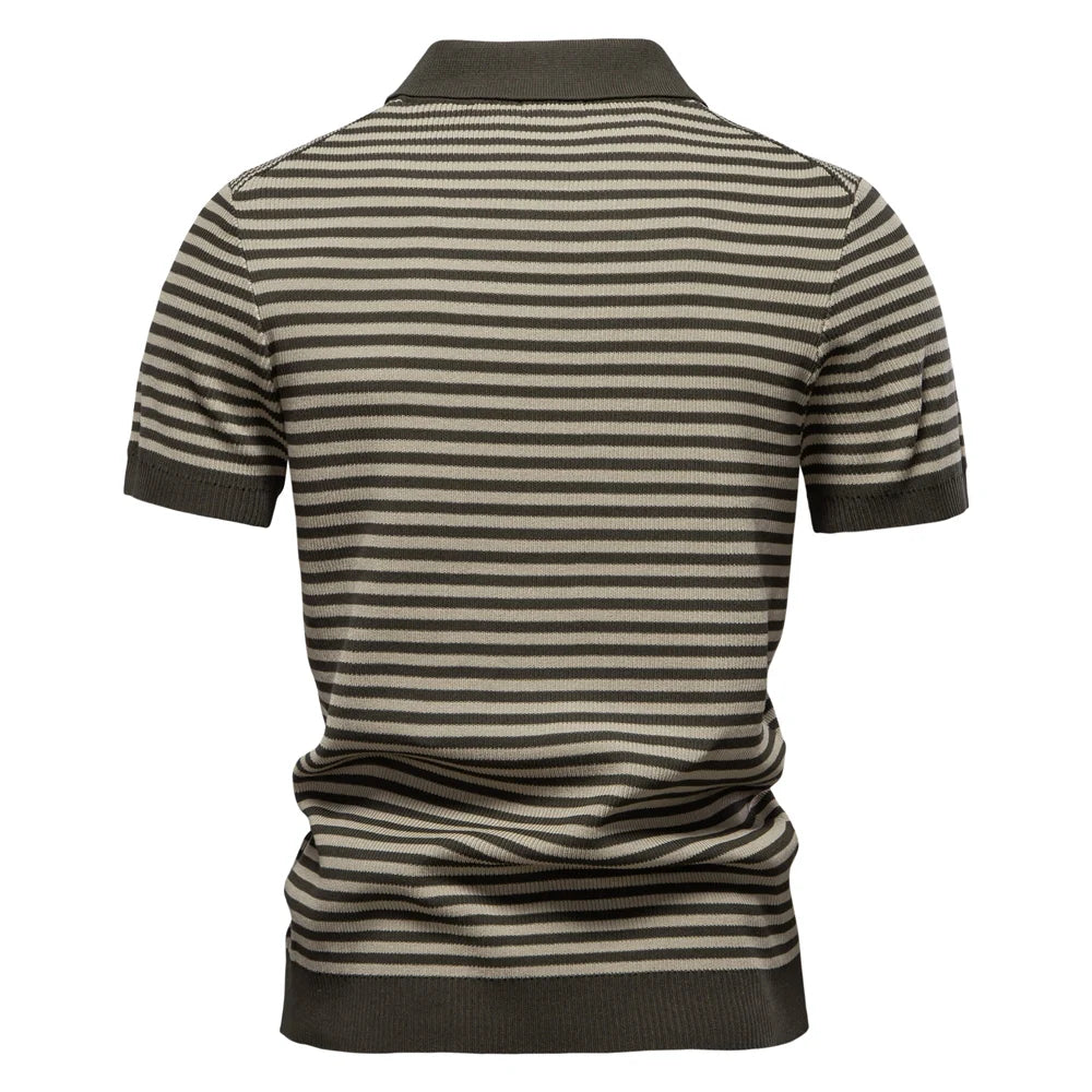 Men's Short Sleeve Striped Polo Shirt with Contrast Knit Design