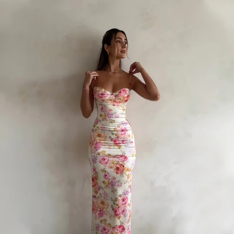 Women's Floral Spaghetti Strap Bodycon Maxi Dress