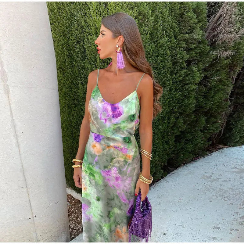 Women's Sleeveless Maxi Dress with Printed Scarf and Halo Pattern