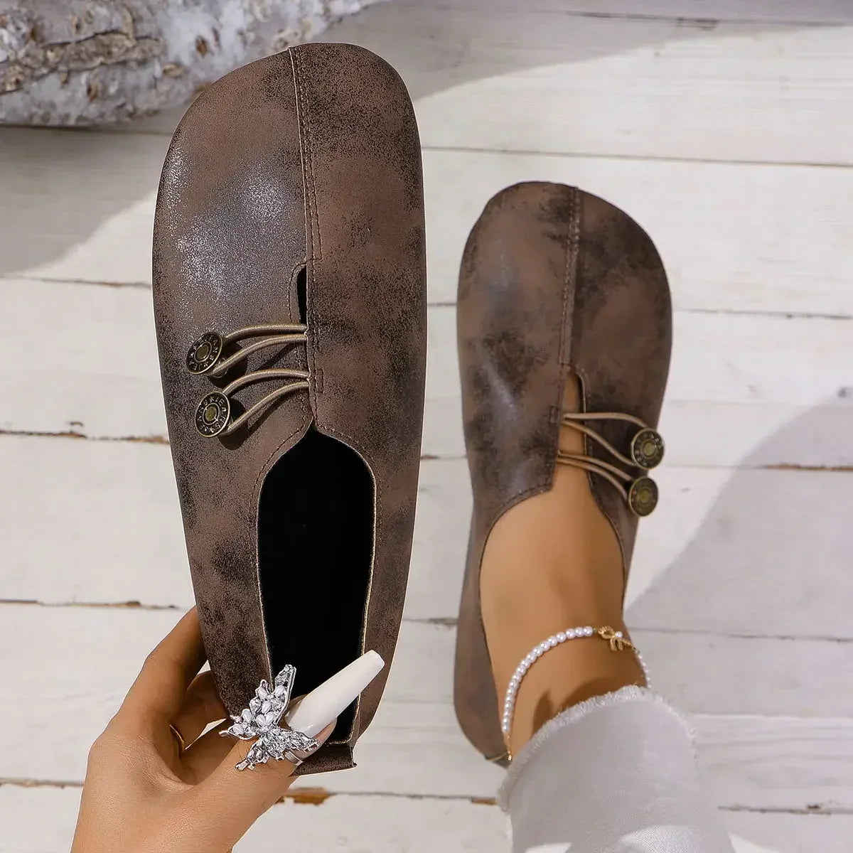 Women's Suede Shoes with Elastic Front and Vintage Button Accents