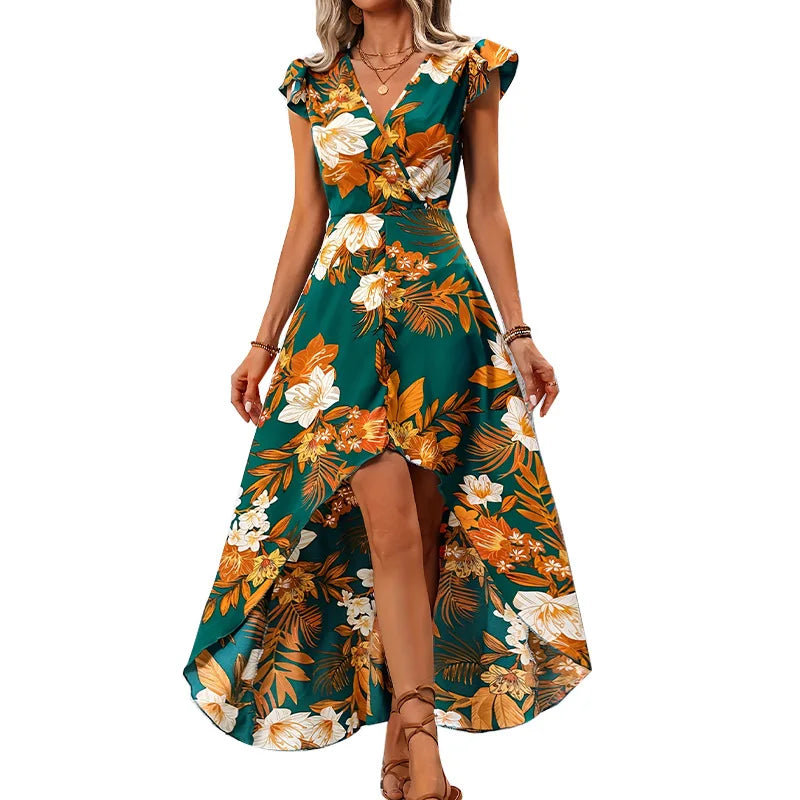 Women's High-Low Floral Maxi Dress with V-Neck and Cap Sleeve Detail