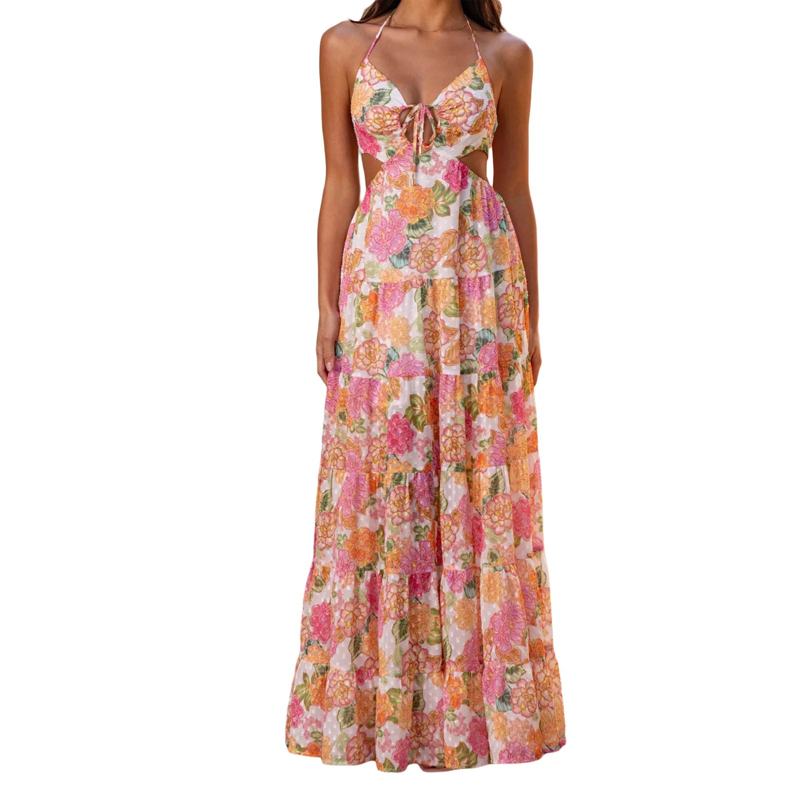 Women's Floral Cut-Out Maxi Dress with Tie Front and Spaghetti Straps