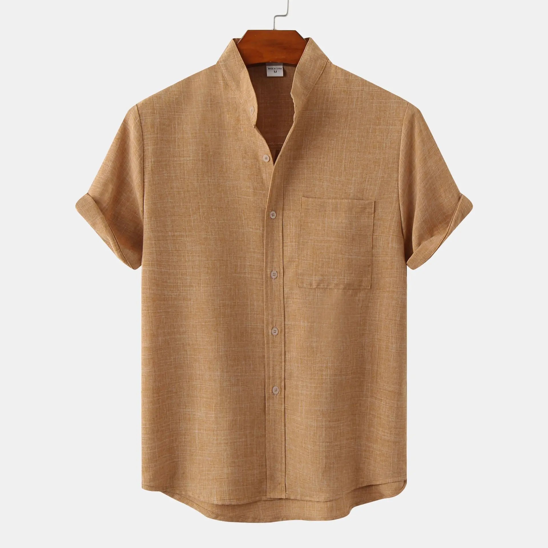 Men's Short-Sleeve Stand Collar Shirt with Front Chest Pocket