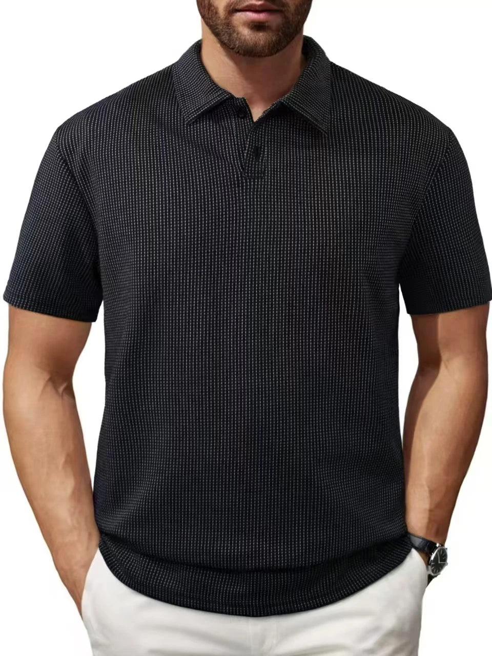Men's Short-Sleeve Knit Polo Shirt with Breathable Textured Design