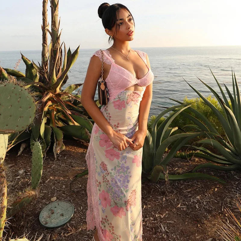 Women's Sleeveless Floral Lace Maxi Dress with Plunge Neck and Side Slit