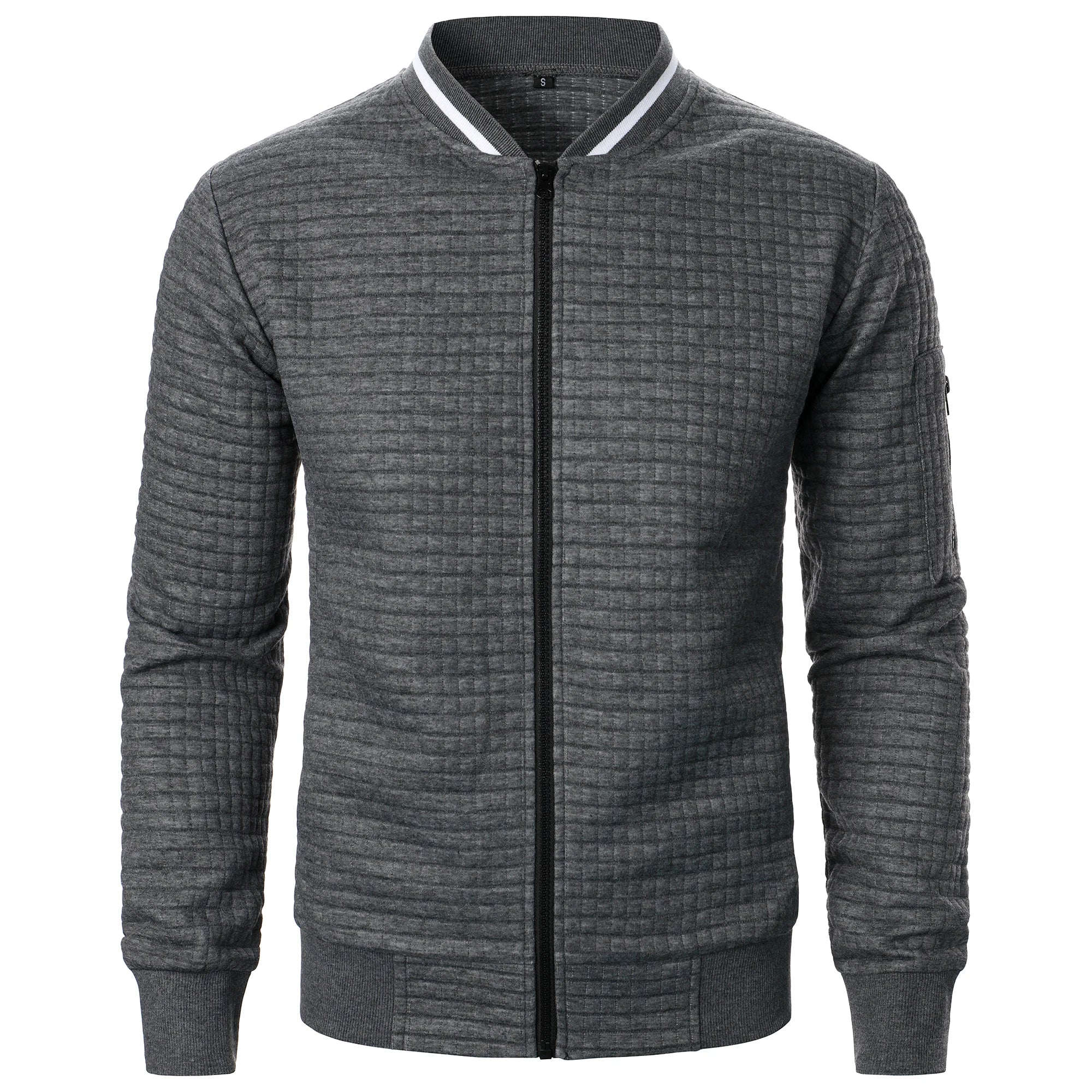Men's Zip-Up Stand Collar Cardigan Jacket with Quilted Texture