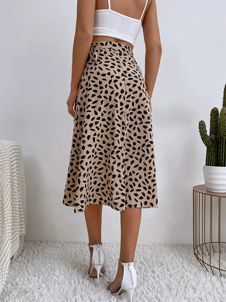 Women's Printed Wrap Midi Skirt with Tie Waist and Asymmetrical Hem
