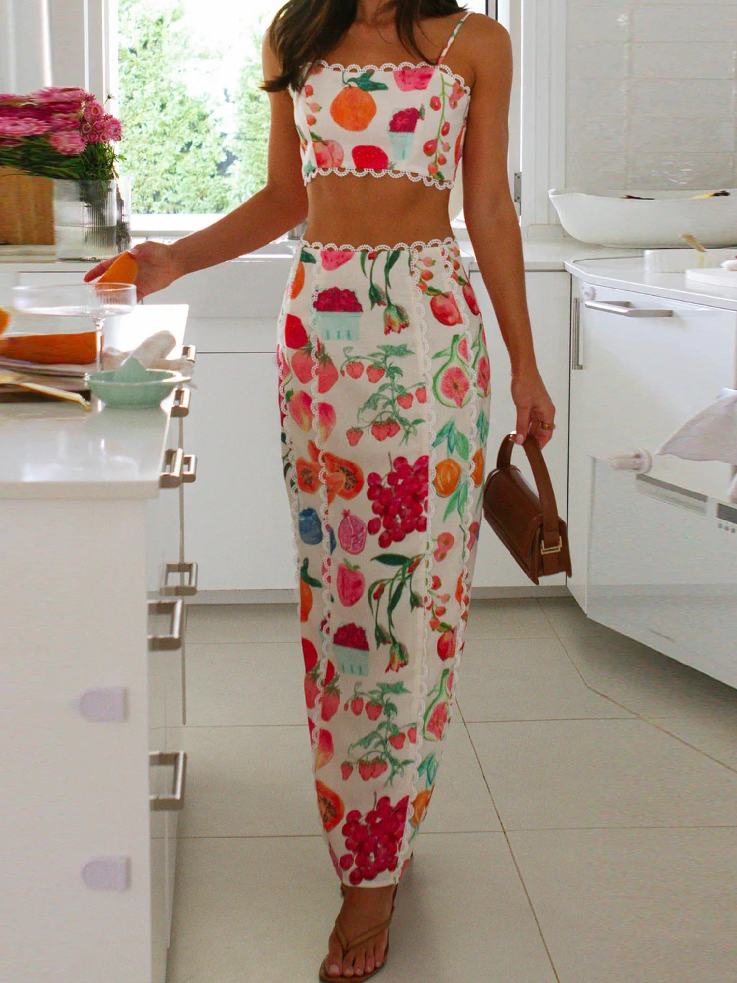 Women's Two Piece Set with Fruit Print Crop Top and Maxi Skirt