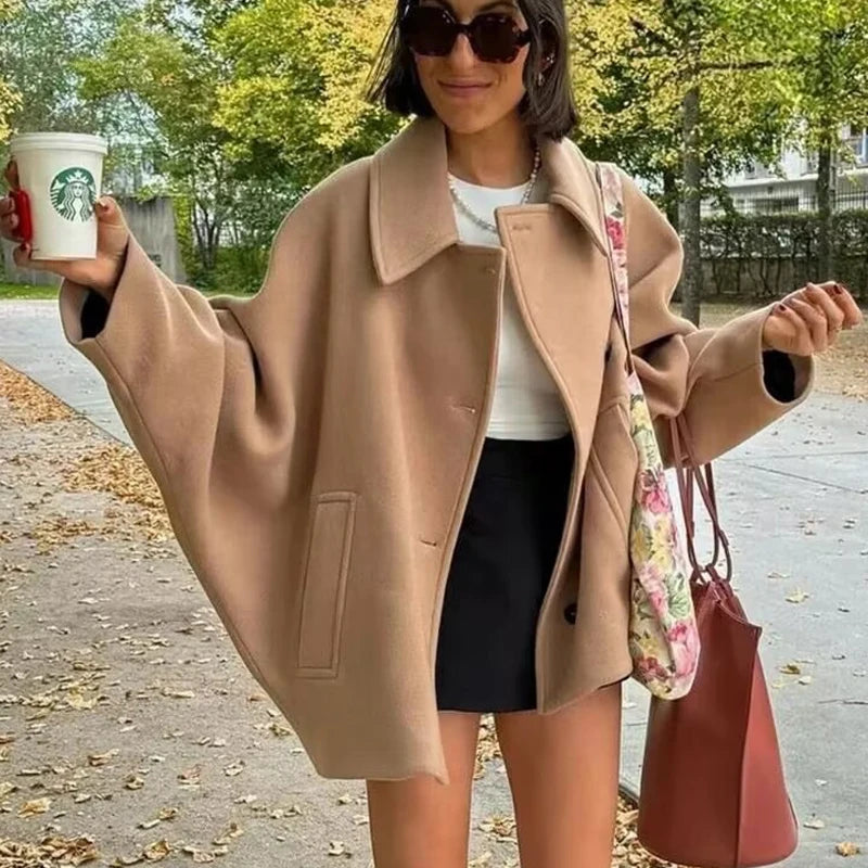 Women's Oversized Winter Coat with Long Sleeves and Button Front