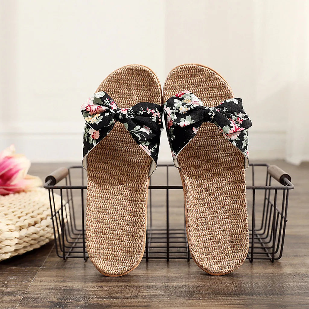 Women's Bowknot Slide Slippers with Floral Strap and Flax Sole