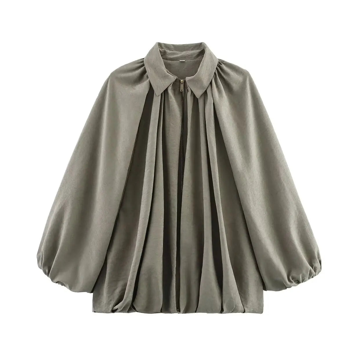 Women's Loose Fit Bomber Jacket with Long Puff Sleeves and Zip Front