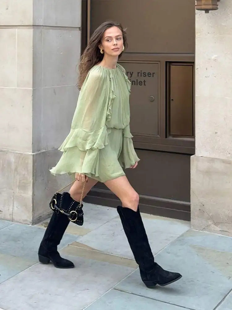 Women's High-Neck Ruffle Mini Dress with Long Flowy Sleeves
