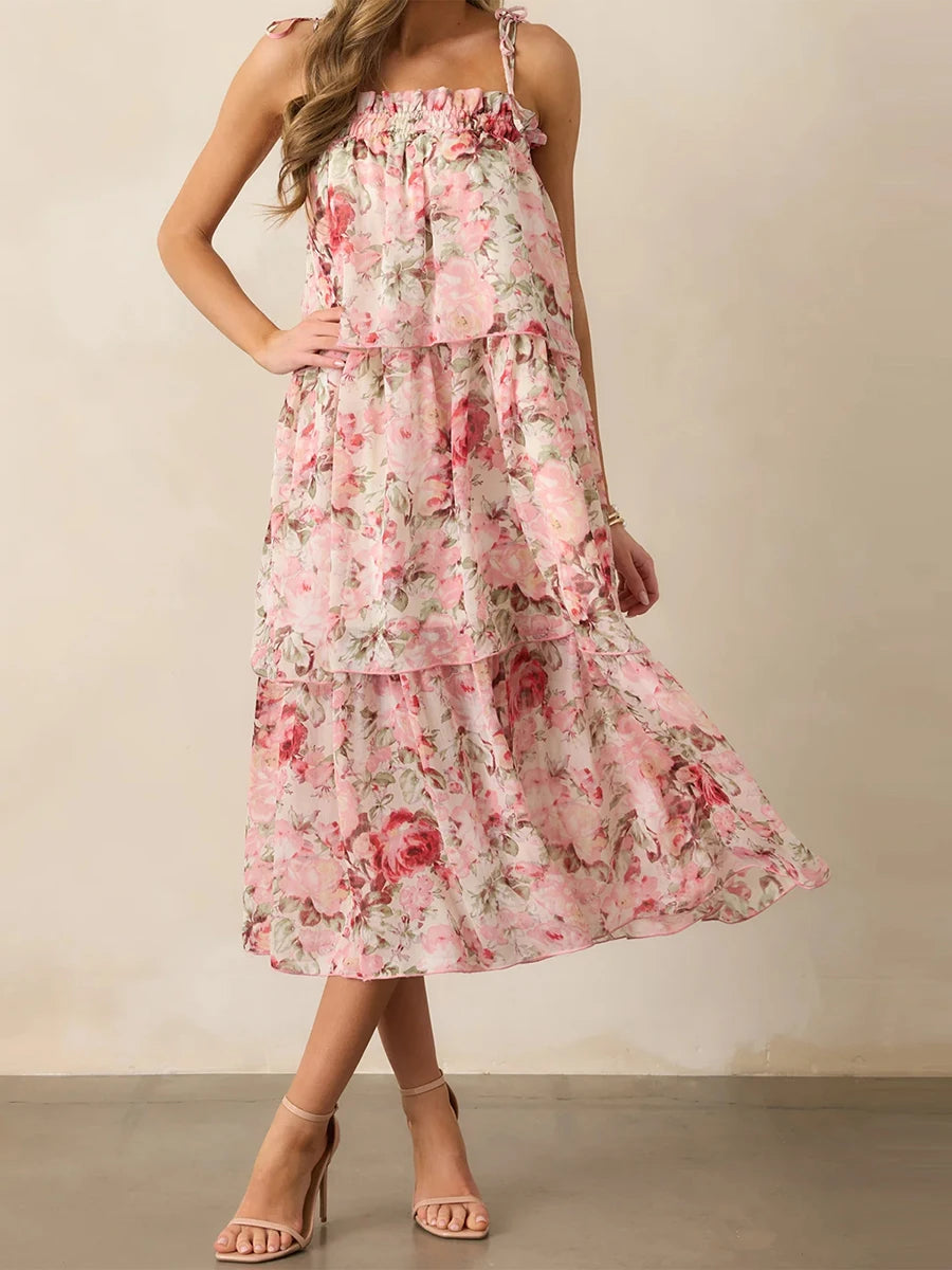 Women's Floral Sleeveless Midi Dress with Tiered Ruffle Hem