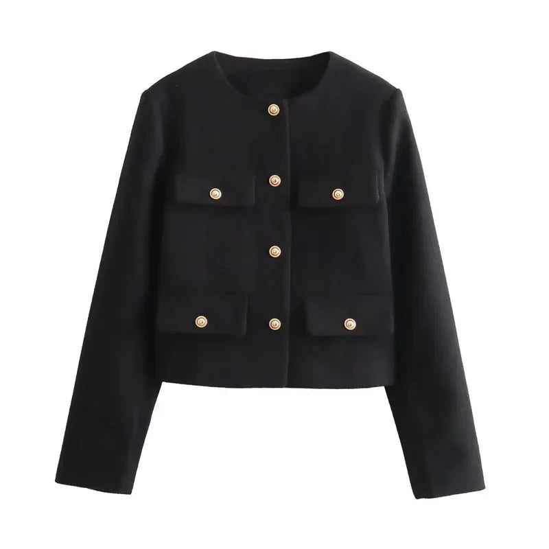 Women's Cropped Bomber Jacket with Round Neck and Long Sleeves
