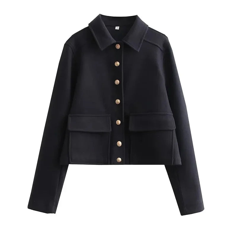 Women's Cropped Aviator Bomber Jacket with Button Front & Pockets