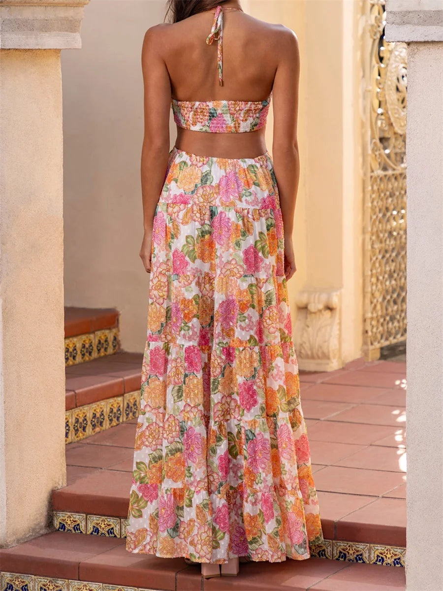 Women's Floral Cut-Out Maxi Dress with Tie Front and Spaghetti Straps