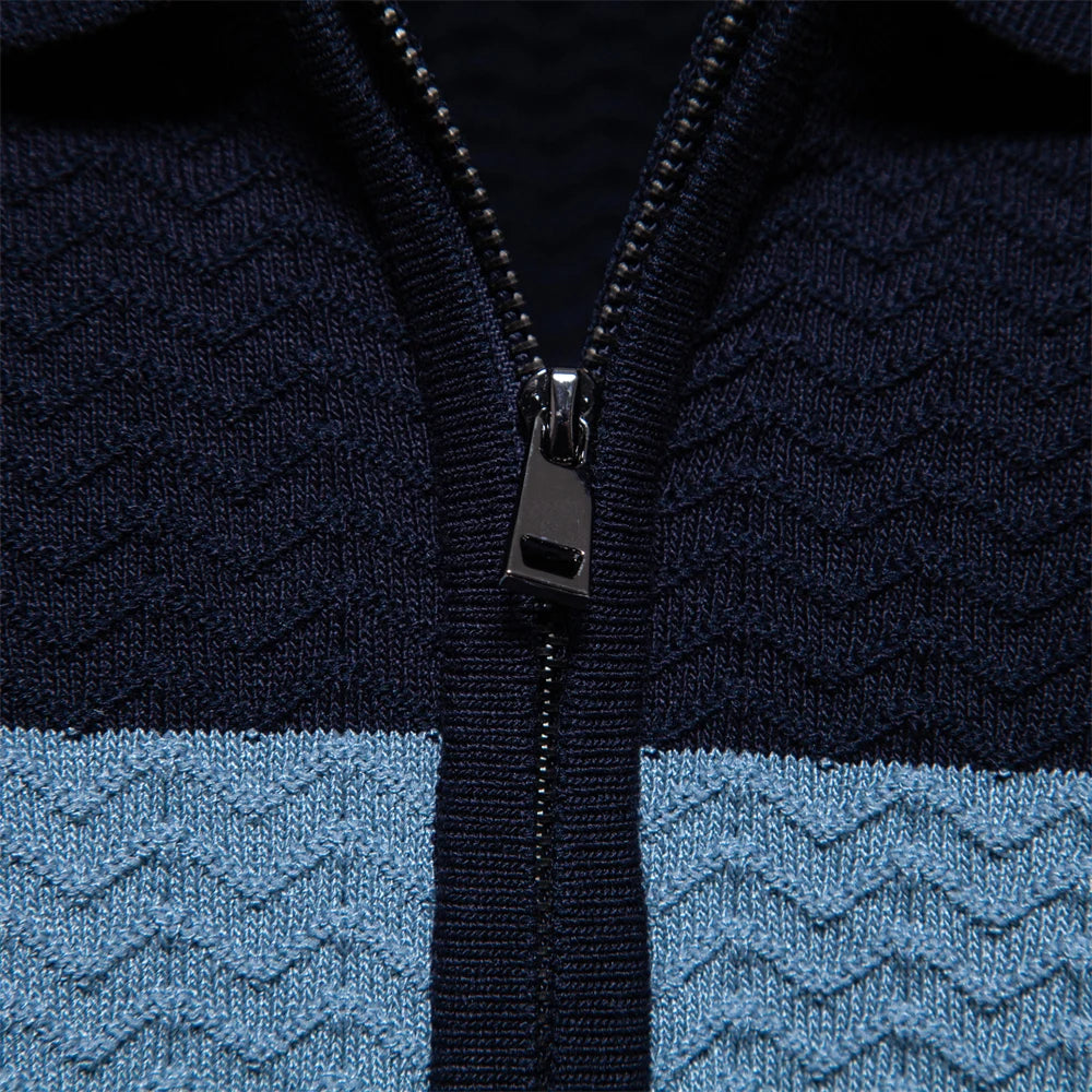 Men's Short-Sleeve Knit Polo Shirt with Striped Chest and Zip Neck