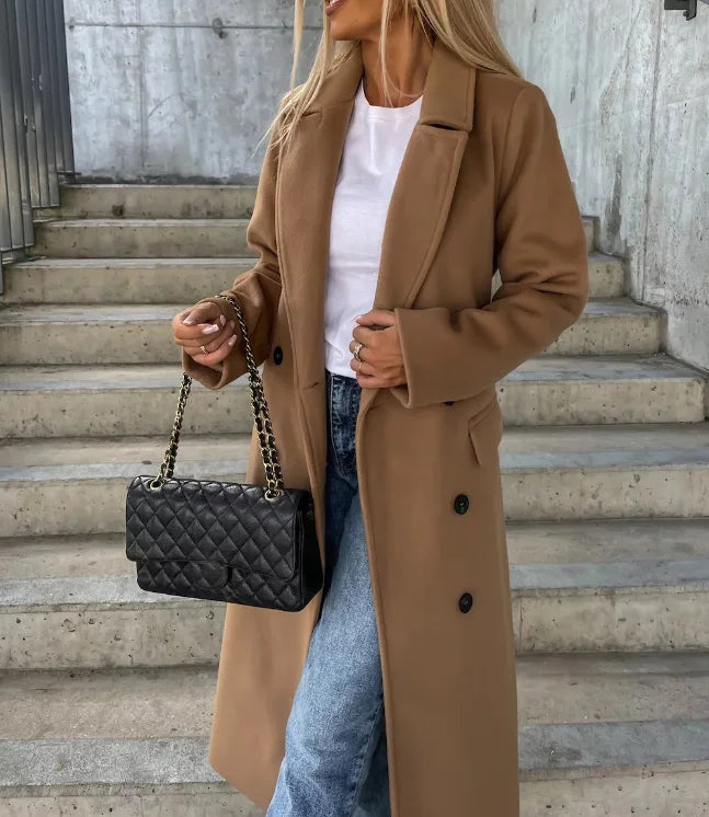 Women's Double-Breasted Winter Coat with Waist Belt and Classic Fit