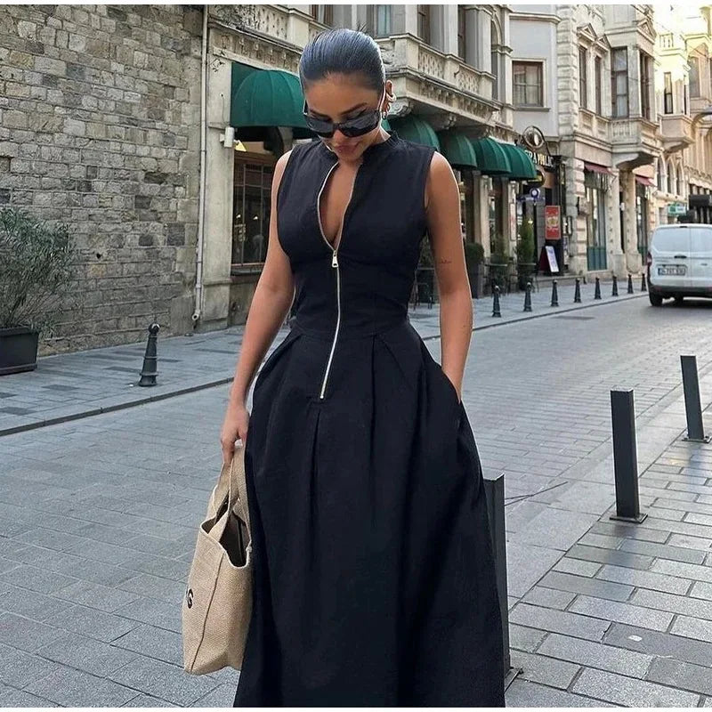 Women's Sleeveless Zip-Front Maxi Dress with Pleated Skirt Design