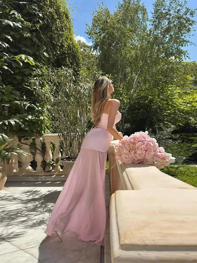 Women's Strapless Maxi Wedding Guest Dress with High Slit and Corset Bodice