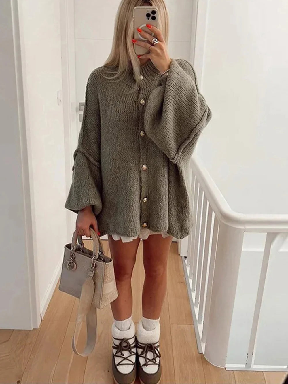 Women's Bat Sleeve Cardigan with Lapel and Metal Button Detail